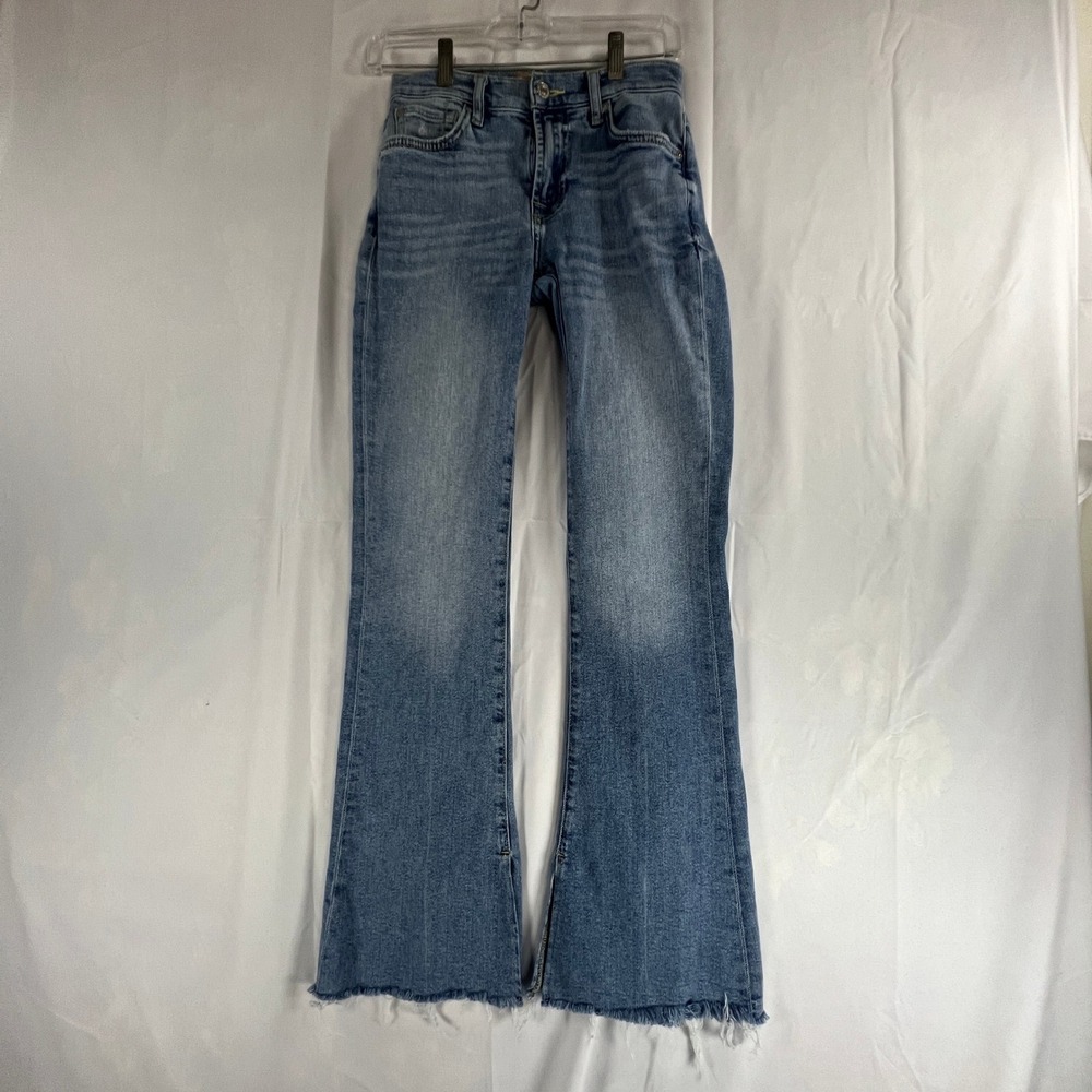 7 For All Mankind Luxe Vintage High Waist Flare Raw Hem Jeans Blue Denim 244